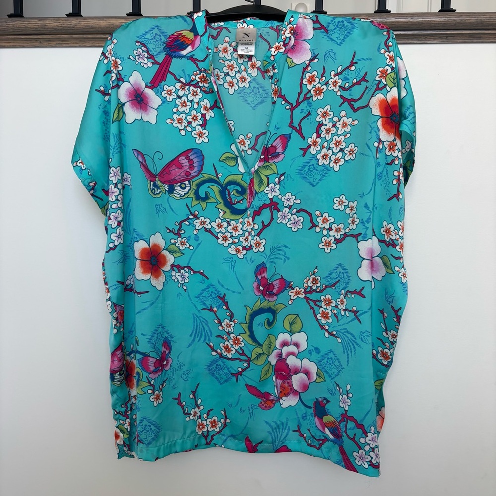NATORI - Women’s Turquoise Floral and Bird Print Blouse - Size Small
